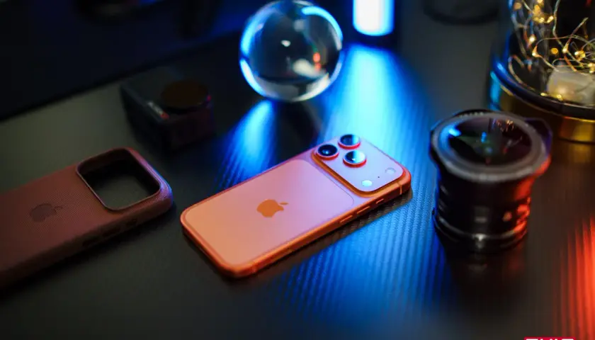 Pomarańczowy iPhone, skórzane etui i obiektyw na czarnym blacie. Idealna konfiguracja iPhone dla fotografa.