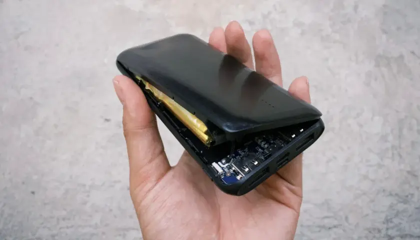 Dłoń trzyma rozłożony powerbank, ukazując spuchniętą baterię i płytkę drukowaną.