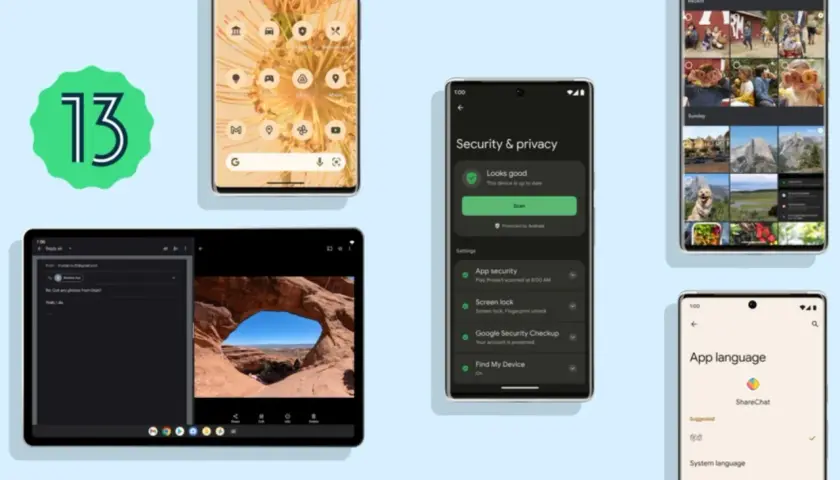 Zielony znak "13" obok telefonu z ikonami aplikacji i tabletu z widokiem na krajobraz. Android 13 oferuje nowe funkcje bezpieczeństwa i prywatności.
