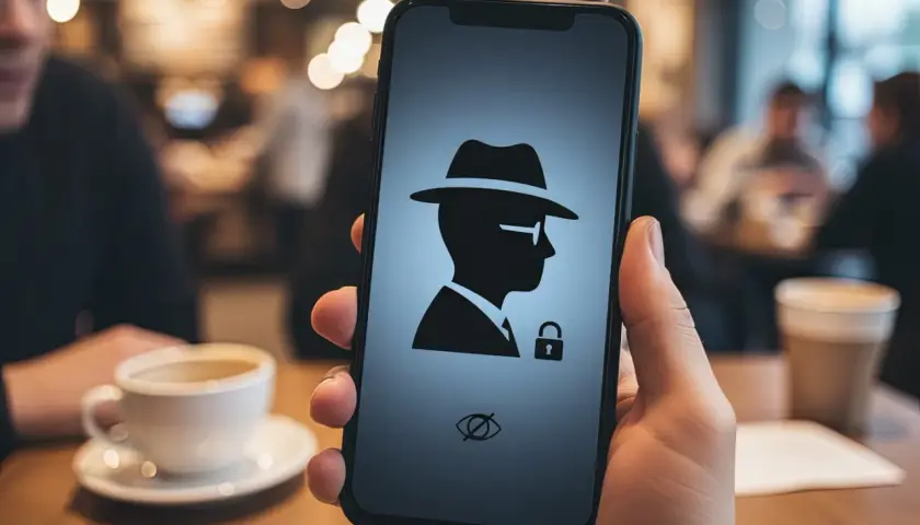 Dłoń trzyma telefon z ikoną szpiega i kłódką. W tle kawiarnia, kawa. To symbolizuje tryb incognito na telefonie.