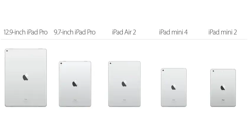 Pięć tabletów Apple od największego do najmniejszego: 12,9-calowy iPad Pro, 9,7-calowy iPad Pro, iPad Air 2, iPad mini 4 i iPad mini 2.