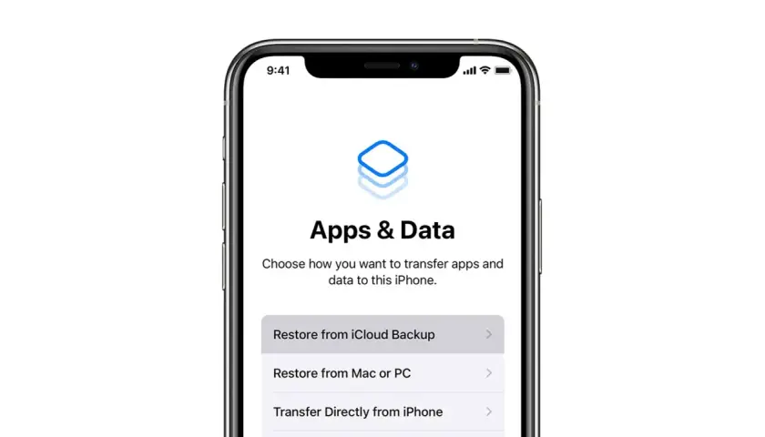 Ekran iPhone'a z opcjami: "Przywróć z backupu iCloud", "Przywróć z Maca lub PC" lub "Przenieś bezpośrednio z iPhone'a". Dowiedz się, jak odtworzyć backup iPhone.