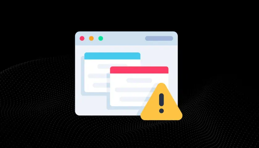 Ostrzeżenie przed niechcianym oprogramowaniem (adware) na ekranie komputera. Ikona znaku ostrzegawczego obok okien przeglądarki.
