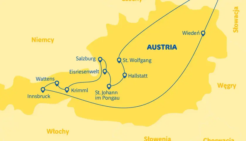 Mapa Austrii z zaznaczonymi miastami: Innsbruck, Wattens, Eisriesenwelt, Salzburg, Krimml, St. Johann im Pongau, St. Wolfgang, Hallstatt, Wiedeń. Trasa 43 kierunkowy jaki kraj.