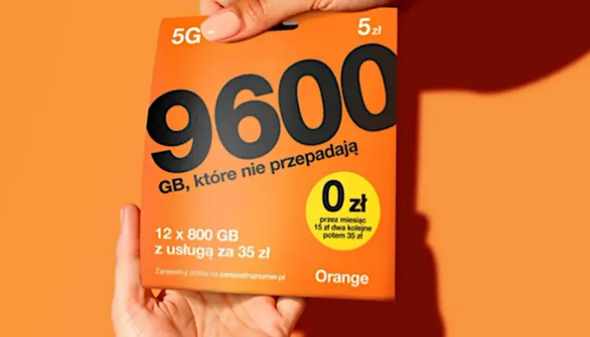 Starter Orange na kartę z 9600 GB. Oferta 5G, 0 zł przez miesiąc, potem 15 zł za kolejne dwa miesiące.