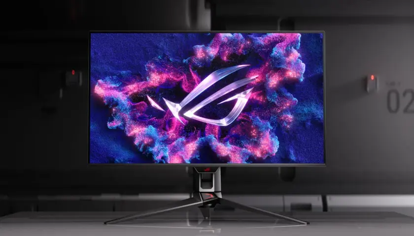 Efektowne logo ROG na tle kosmicznej mgławicy. Dowiedz się, jak rozciągnąć ekran na cały monitor, by zanurzyć się w grze.