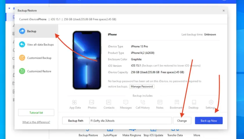Zrzut ekranu z programu 3uTools, pokazujący opcję **backup telefonu** iPhone 13 Pro.