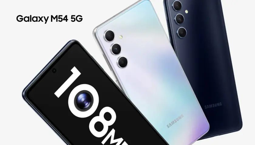 Galaxy M54 5G z aparatem 108 MP. Trzy telefony Samsung w różnych kolorach.