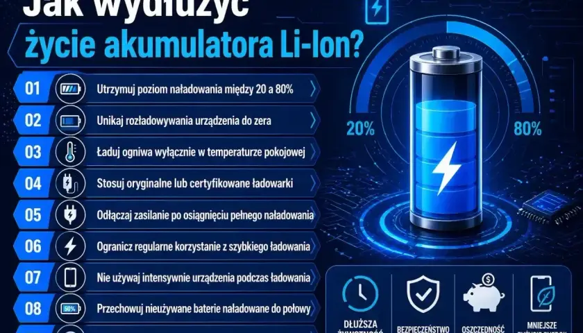 Wskazówki dotyczące ładowania akumulatora Li-Ion: utrzymuj poziom naładowania 20-80%, unikaj rozładowania do zera, ładuj w temperaturze pokojowej.