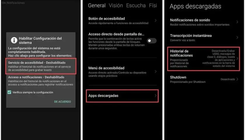 Ekran ustawień telefonu z opcją "Historial de notificaciones" (Historia powiadomień), która pozwala na zapisywanie wiadomości i powiadomień.
