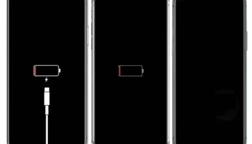 Trzy iPhone'y z czarnymi ekranami. Pierwszy pokazuje ikonę baterii z kablem, drugi pustą baterię, trzeci czarny ekran. Wskazuje na potrzebę wymiany baterii iPhone 13 Pro.