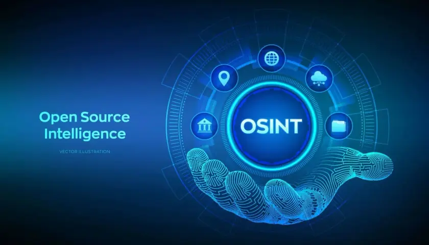 Otwarta inteligencja źródłowa (OSINT) chroni przed oszustami internetowymi. Dłoń z odciskiem palca symbolizuje dane.