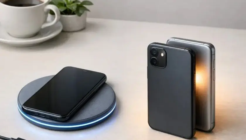 Nowoczesna ładowarka indukcyjna z niebieskim podświetleniem ładuje telefon, obok stoją dwa inne smartfony.