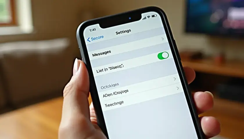 Dłoń trzyma iPhone'a z włączonymi ustawieniami wiadomości. Zielony przełącznik obok "Messages" sugeruje, że iMessage nie działa, mimo że opcja jest aktywna.