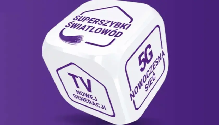 Kostka z napisami "Superszybki światłowód", "TV nowej generacji" i "5G nowoczesna sieć". Idealne oferty Play abonament.