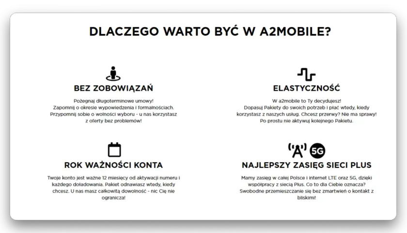 Rok ważności konta plus za 29 zł. Twoje konto ważne 12 miesięcy od doładowania. Elastyczność i brak zobowiązań w a2mobile.