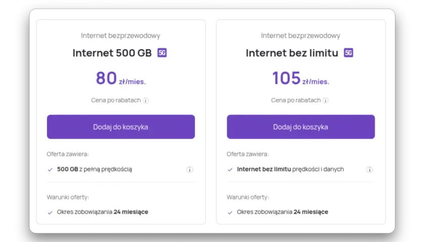 Dwie oferty internetu mobilnego bez limitu: 500 GB za 80 zł lub nielimitowany za 105 zł miesięcznie.