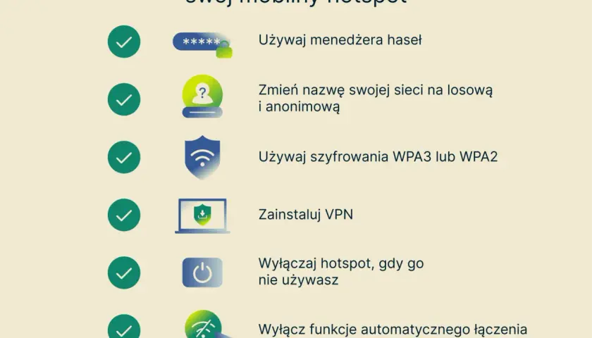 Zabezpiecz swój mobilny hotspot: używaj silnych haseł, anonimowej nazwy sieci, szyfrowania WPA3, VPN, wyłączaj go, gdy nie jest potrzebny, i unikaj automatycznego łączenia.