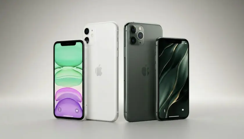 Dwa iPhone'y 11 i dwa iPhone'y 11 Pro w różnych kolorach. Porównanie iphone 11 wymiary.