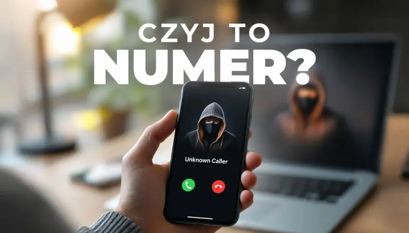 Czyj to numer? Telefon z nieznanym dzwoniącym, w tle sylwetka hakera. 453 jaka to sieć?