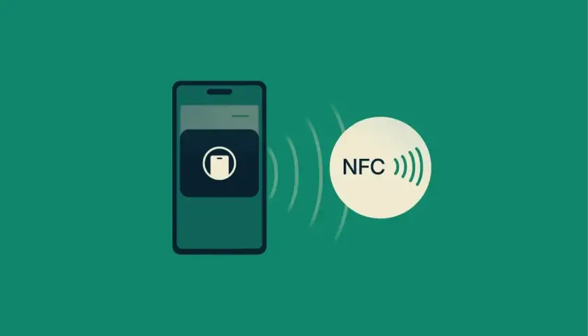 Telefon z ikoną płatności zbliżeniowych i symbolem NFC, gotowy do szybkiego transferu danych.