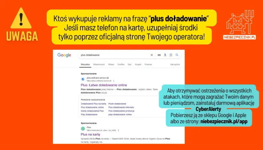 Ostrzeżenie przed oszustwami przy frazie "jak doładować konto Plus". Uzupełniaj środki tylko na oficjalnej stronie operatora.