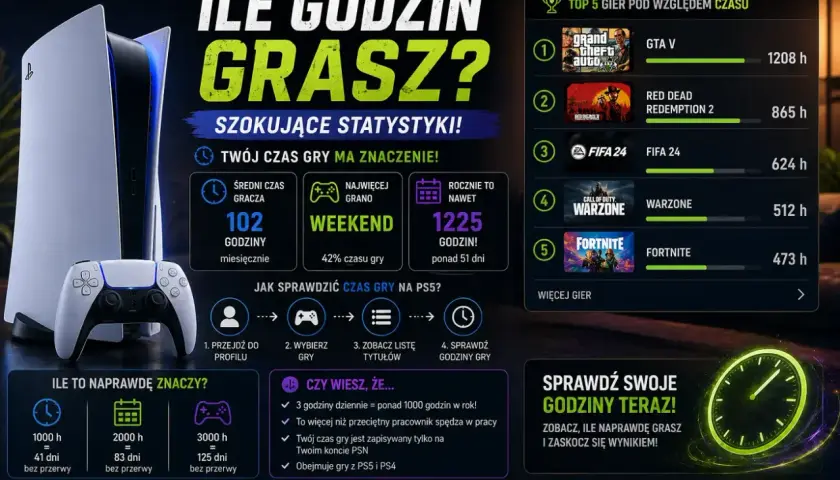Ile godzin grasz? Średnio 102h miesięcznie, a rocznie to nawet 1225h! Sprawdź swoje statystyki, bo awaria dzisiaj nie powinna Cię powstrzymać przed graniem.