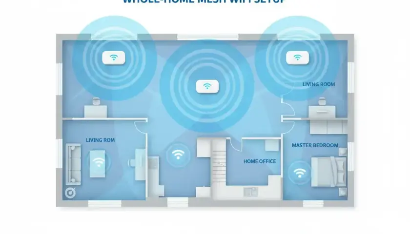 Schemat całego domu z rozmieszczonymi punktami wzmacniacza internetu, zapewniającymi zasięg WiFi w każdym pomieszczeniu.