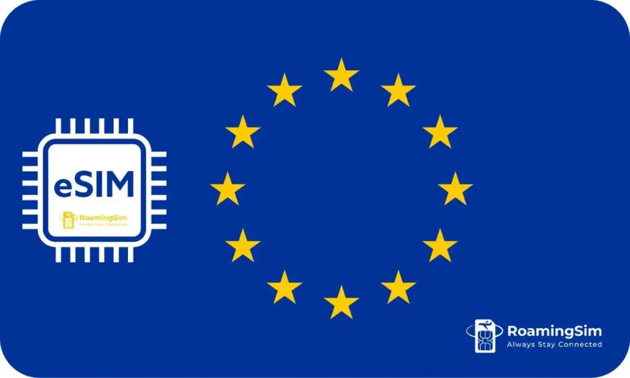 eSIM od RoamingSim to Twój klucz do internetu za granicą. Flaga UE i symbol eSIM.