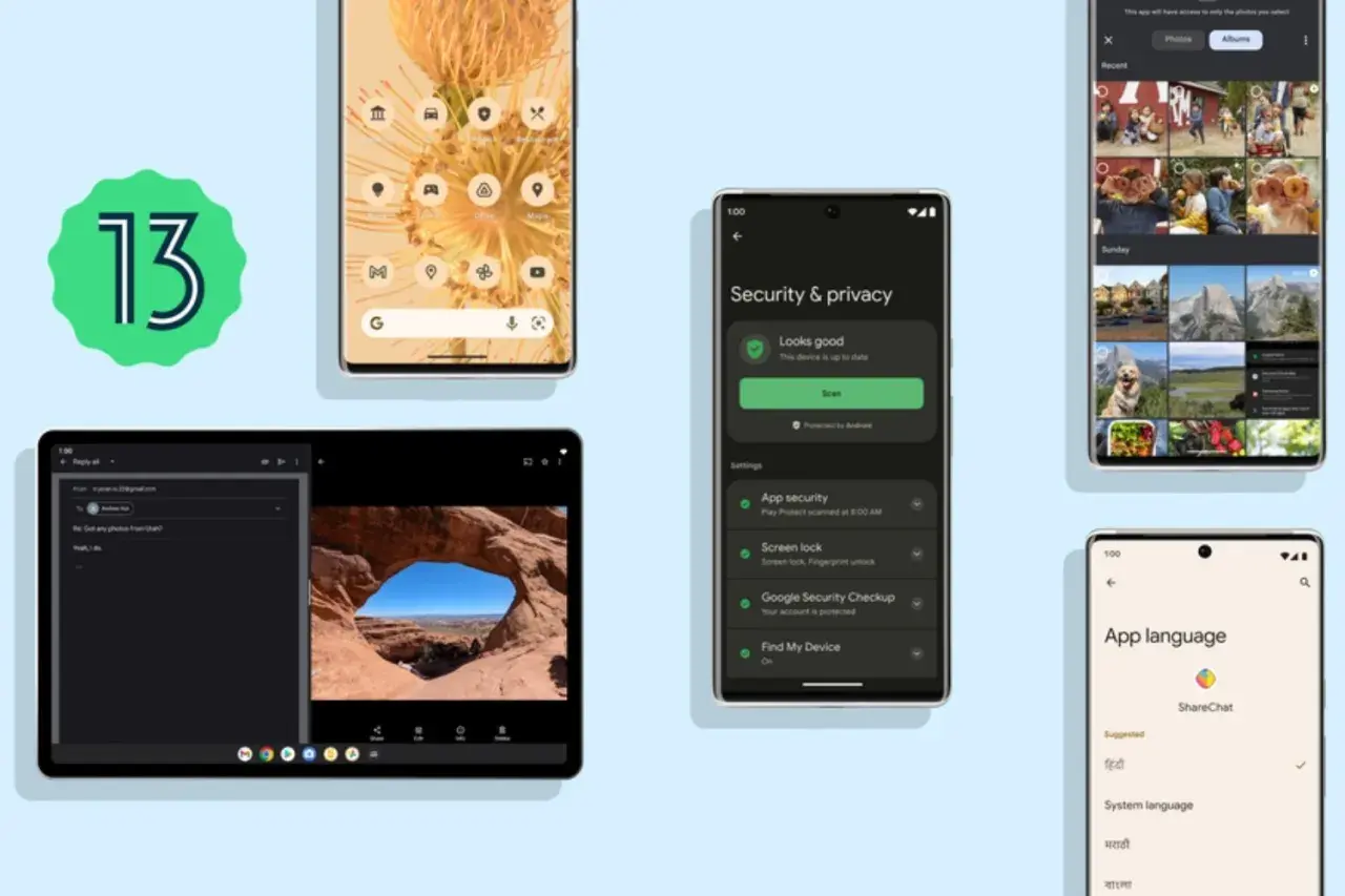 Zielony znak "13" obok telefonu z ikonami aplikacji i tabletu z widokiem na krajobraz. Android 13 oferuje nowe funkcje bezpieczeństwa i prywatności.