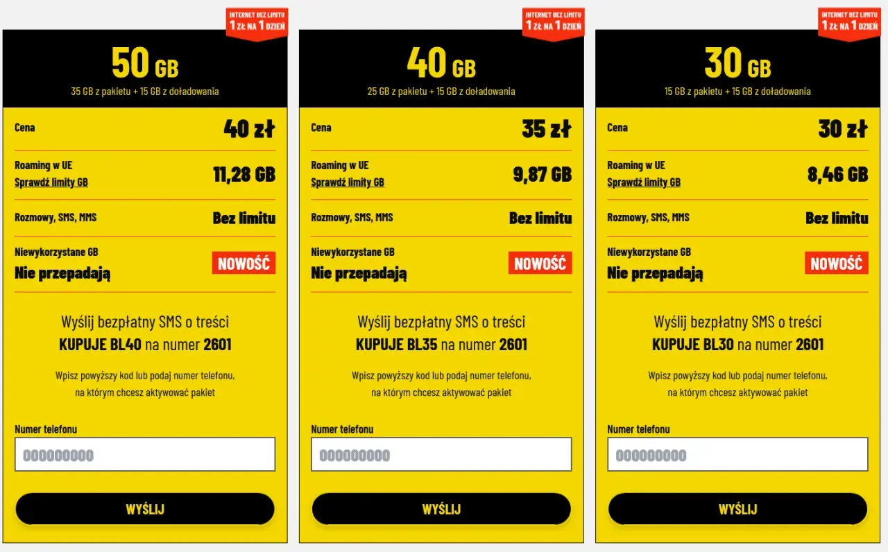 Oferta operatora sieci komórkowej: pakiety internetowe 50 GB za 40 zł, 40 GB za 35 zł, 30 GB za 30 zł.