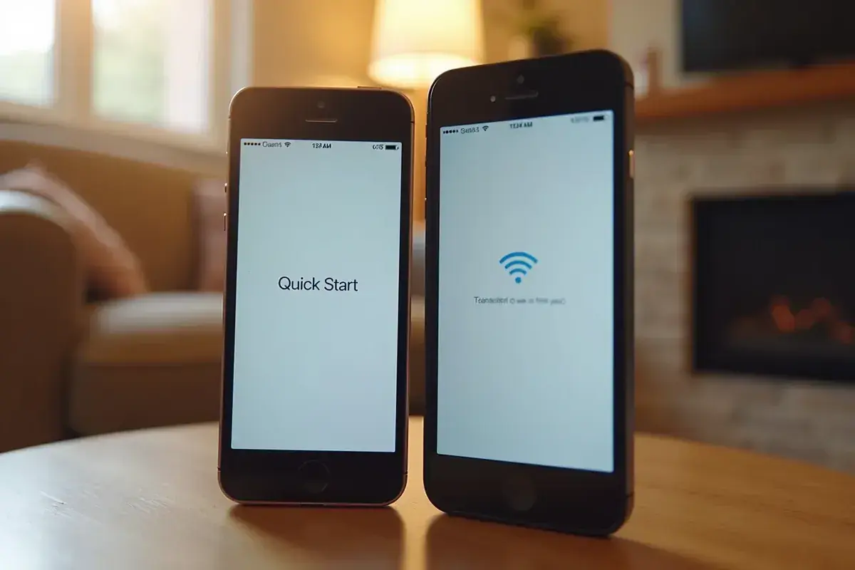 Dwa iPhone'y obok siebie. Na jednym "Quick Start", na drugim symbol Wi-Fi. Ułatwiają one proces, jak przenieść dane z iPhone na iPhone.