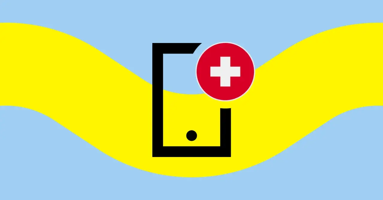 Czarny symbol telefonu z czerwonym krzyżem na tle falujących żółto-niebieskich pasów. Symbolizuje roaming play, łączność i pomoc.