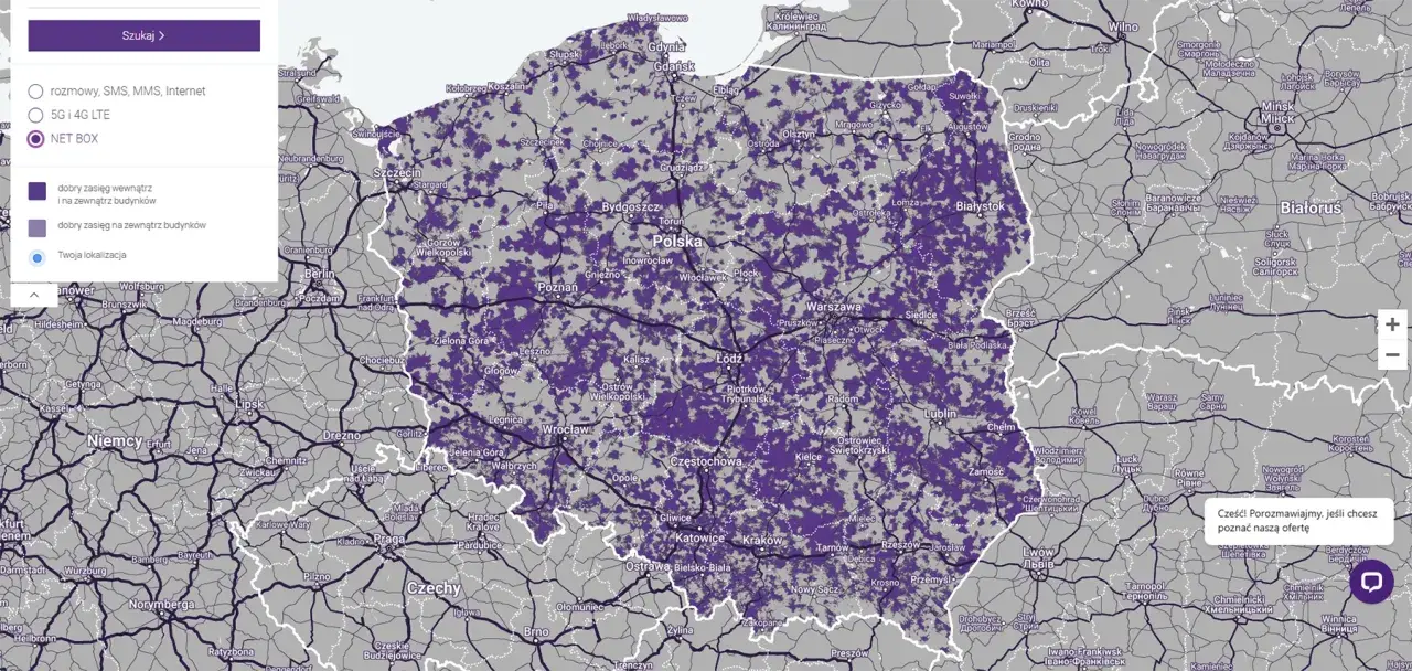 Mapa zasięgu sieci komórkowych w Polsce. Fioletowe obszary wskazują dobry zasięg.