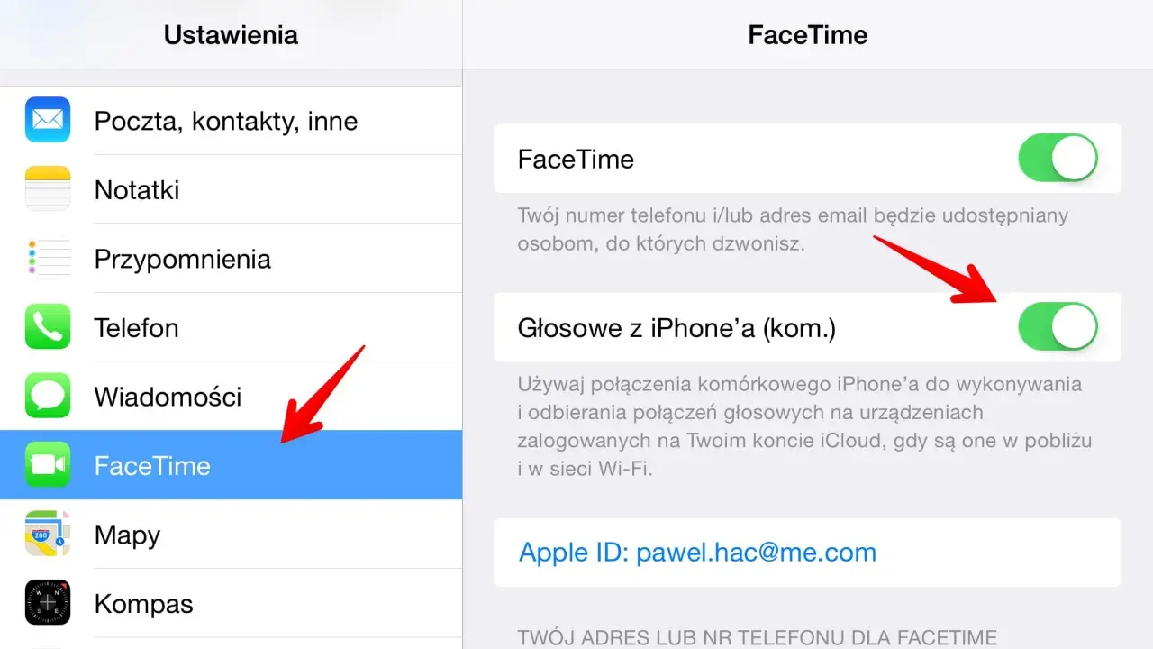Ustawienia iPhone'a, sekcja FaceTime. Włączanie połączeń głosowych z iPhone'a. Przekierowanie połączeń.