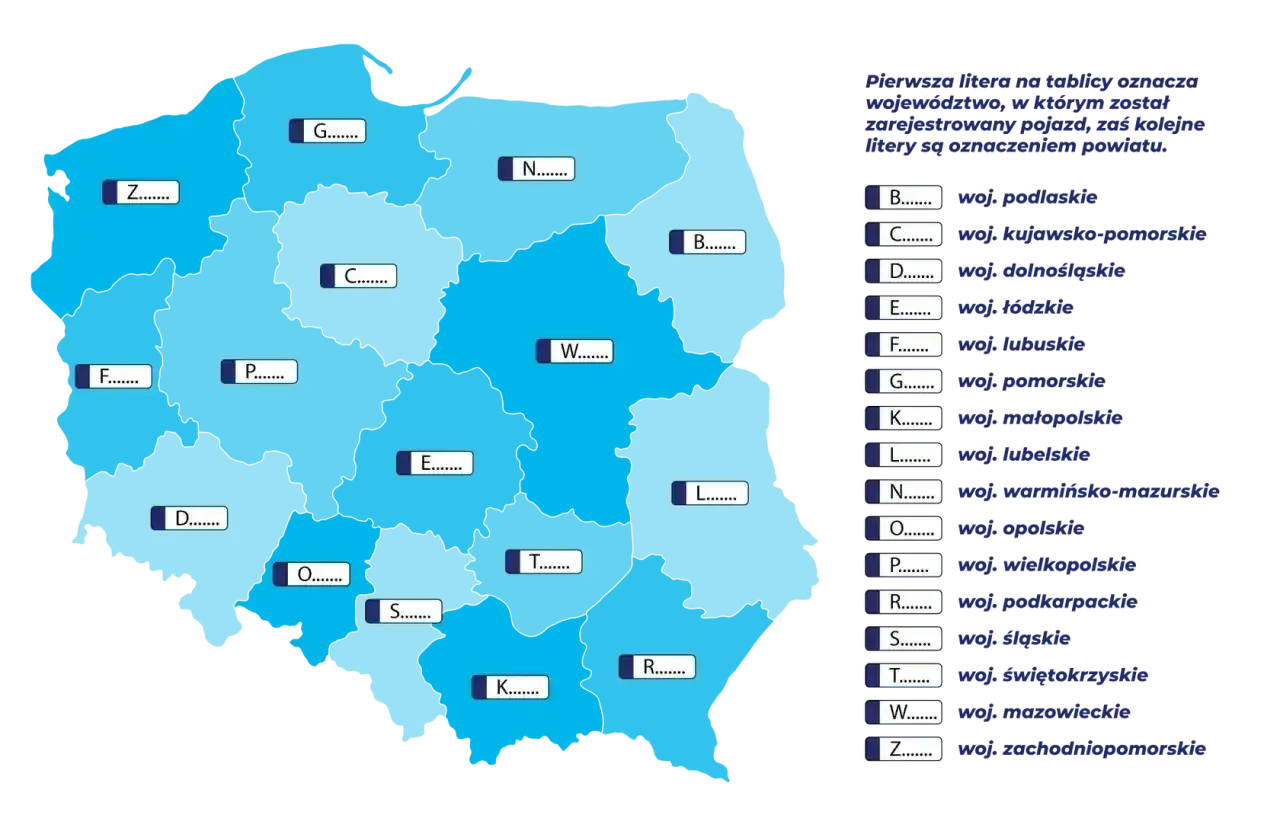 Mapa Polski z literami oznaczającymi województwa i powiaty. Pierwsza litera to województwo, np. Z to zachodniopomorskie.