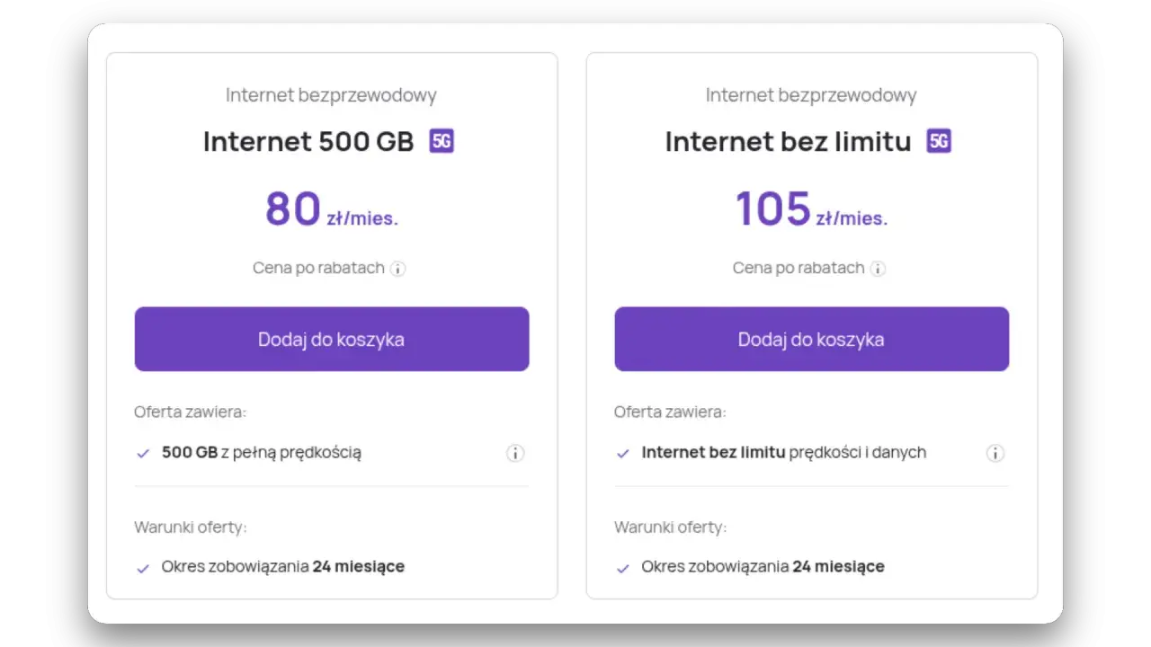 Dwie oferty internetu mobilnego bez limitu: 500 GB za 80 zł lub nielimitowany za 105 zł miesięcznie.