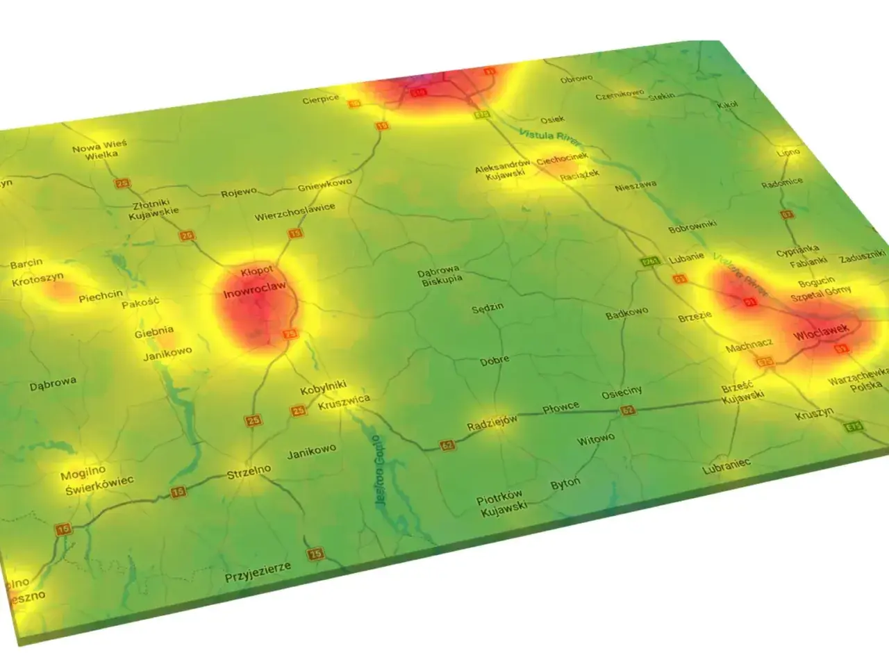 Mapa z zaznaczonymi obszarami o podwyższonej aktywności, w tym w okolicach Inowrocławia i Włocławka. Kierunkowy 54 Polska.