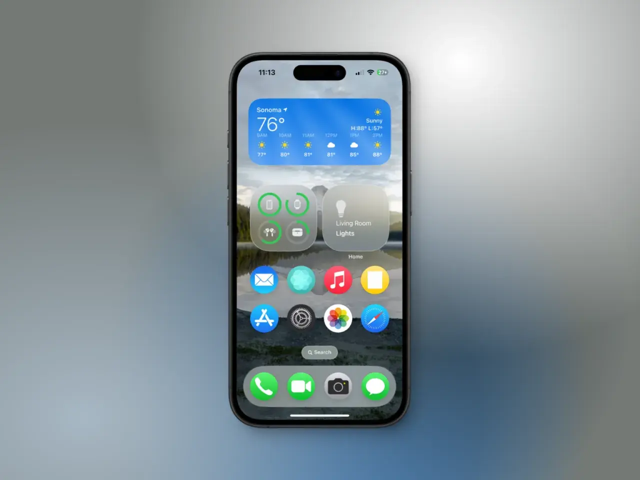 Nowe funkcje w iOS 19 na iPhonie: widżet pogody, sterowanie oświetleniem i ikony aplikacji.