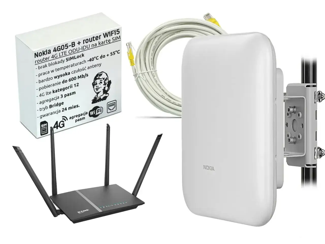 Zestaw do internetu LTE Plus: router D-Link, zewnętrzna antena Nokia, okablowanie. Szybki internet 4G LTE kategorii 12.