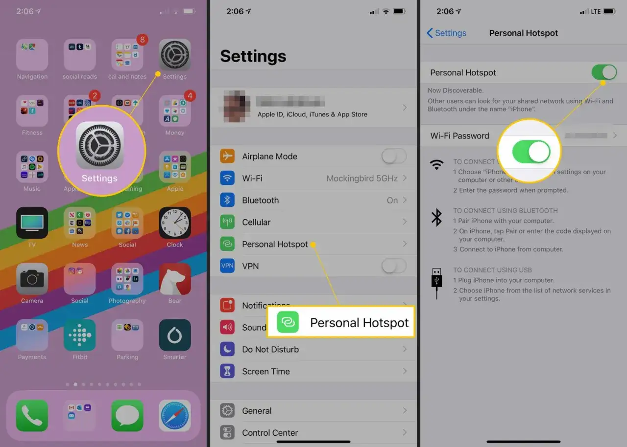 Ustawienia iPhone'a, włączony hotspot osobisty. Ikona