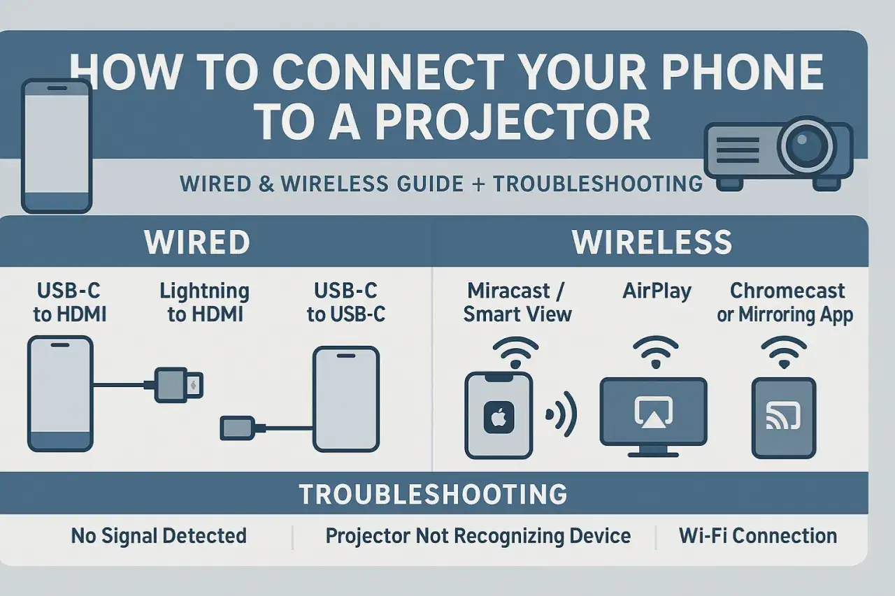 Jak połączyć telefon z projektorem: przewodowo (USB-C, Lightning) i bezprzewodowo (Miracast, AirPlay, Chromecast). Rozwiązywanie problemów.