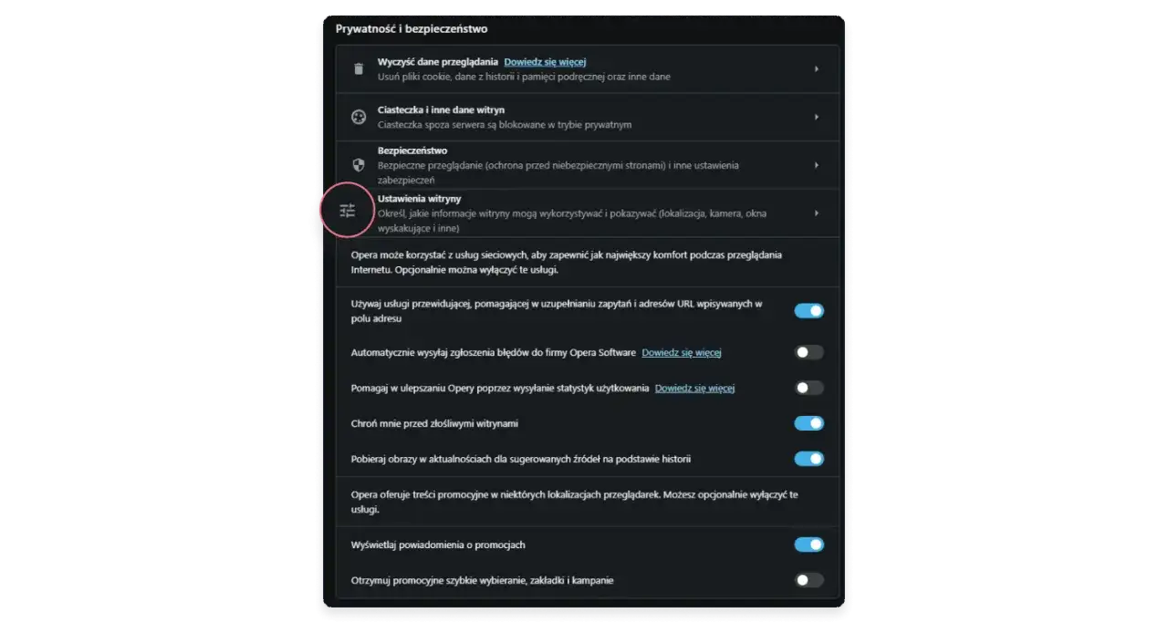 Ustawienia witryny, gdzie są pliki cookies w telefonie. Określ, jakie informacje witryny mogą wykorzystywać i pokazywać.