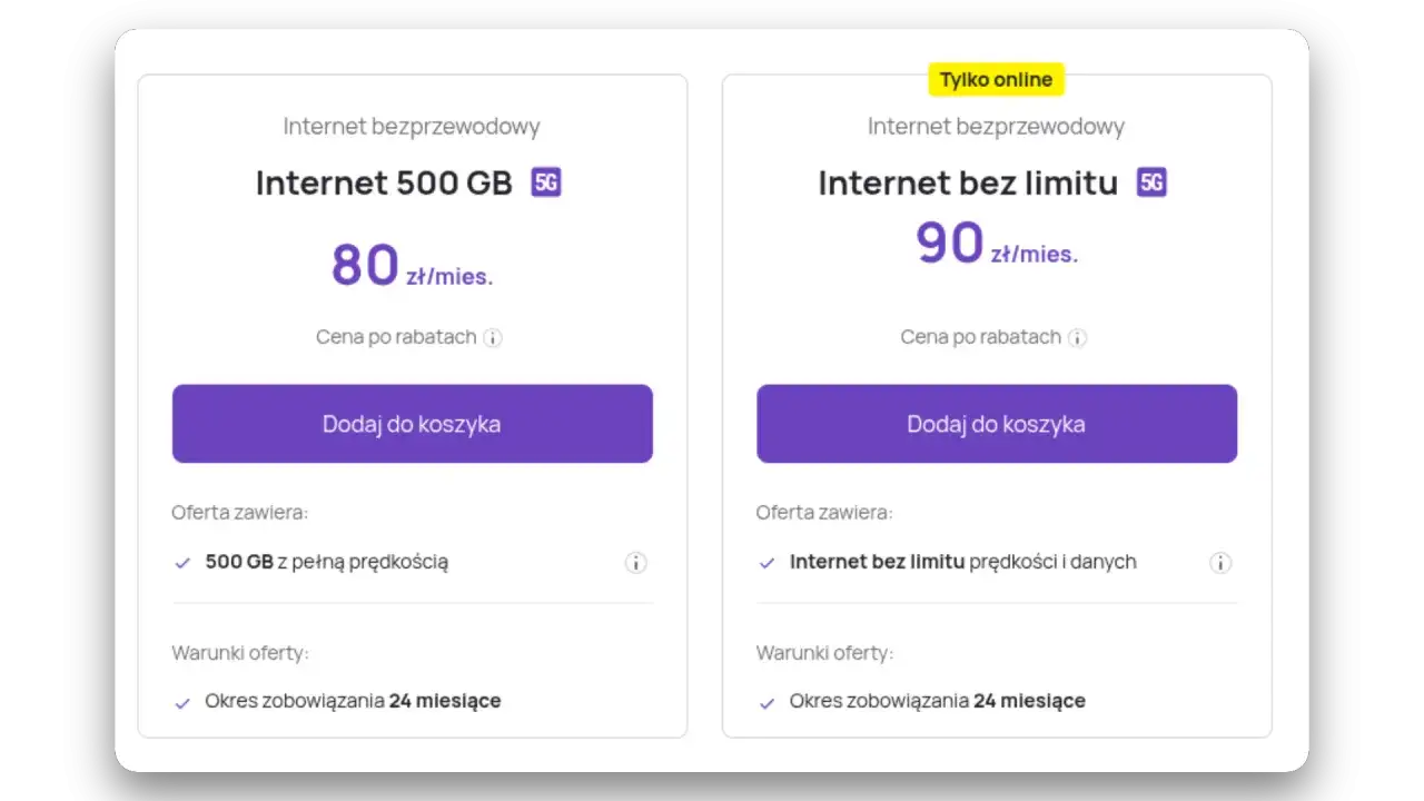 Dwie oferty internetu mobilnego: 500 GB za 80 zł lub play internet mobilny bez limitu za 90 zł miesięcznie.
