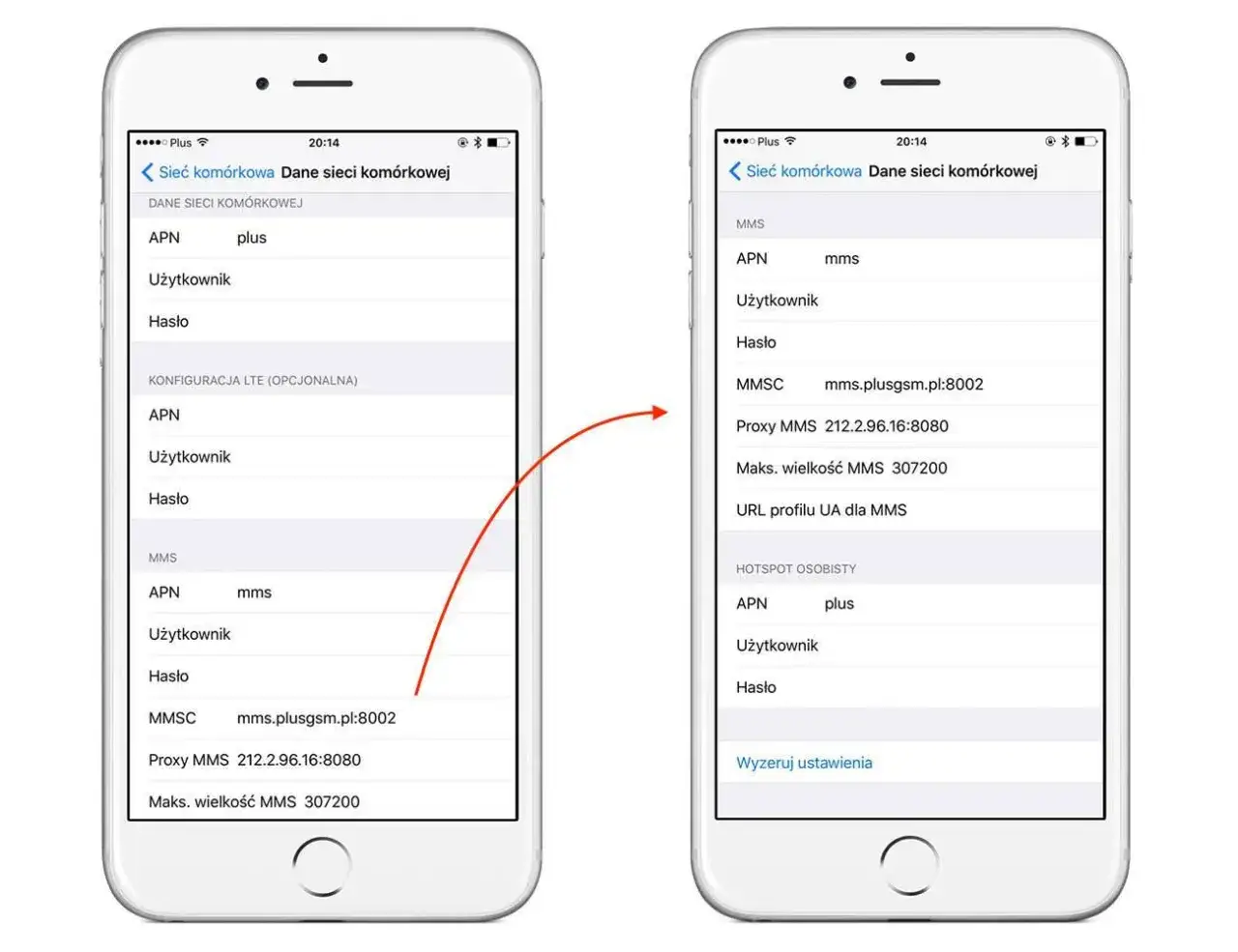 Ustawienia MMS Plus na iPhonie: APN 