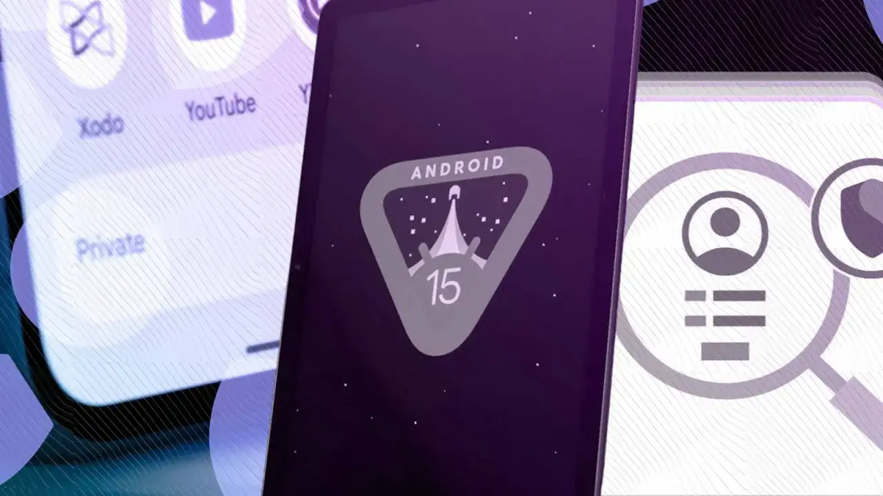 Nowe funkcje w android 15 na ekranie telefonu. Widoczne ikony aplikacji i symbol prywatności.