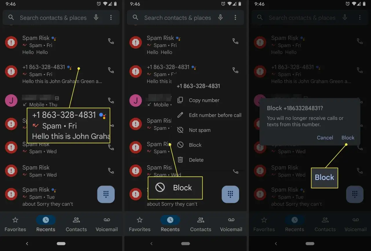 Zrzut ekranu telefonu z listą połączeń, gdzie widać dziwne numery oznaczone jako spam. Użytkownik blokuje jeden z nich.