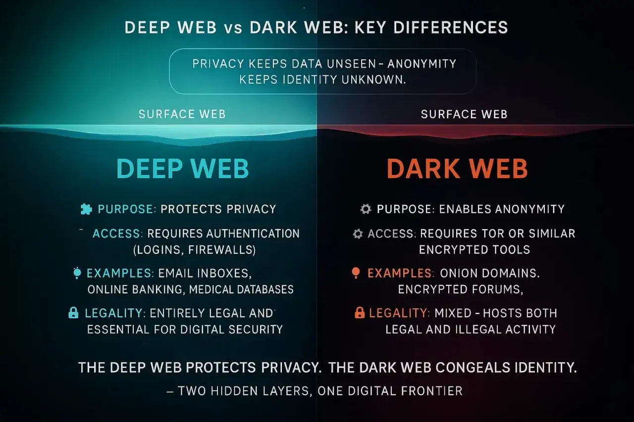 Porównanie Deep Web i Dark Web: Deep Web chroni prywatność, Dark Web umożliwia anonimowość, wymaga narzędzi jak Tor.