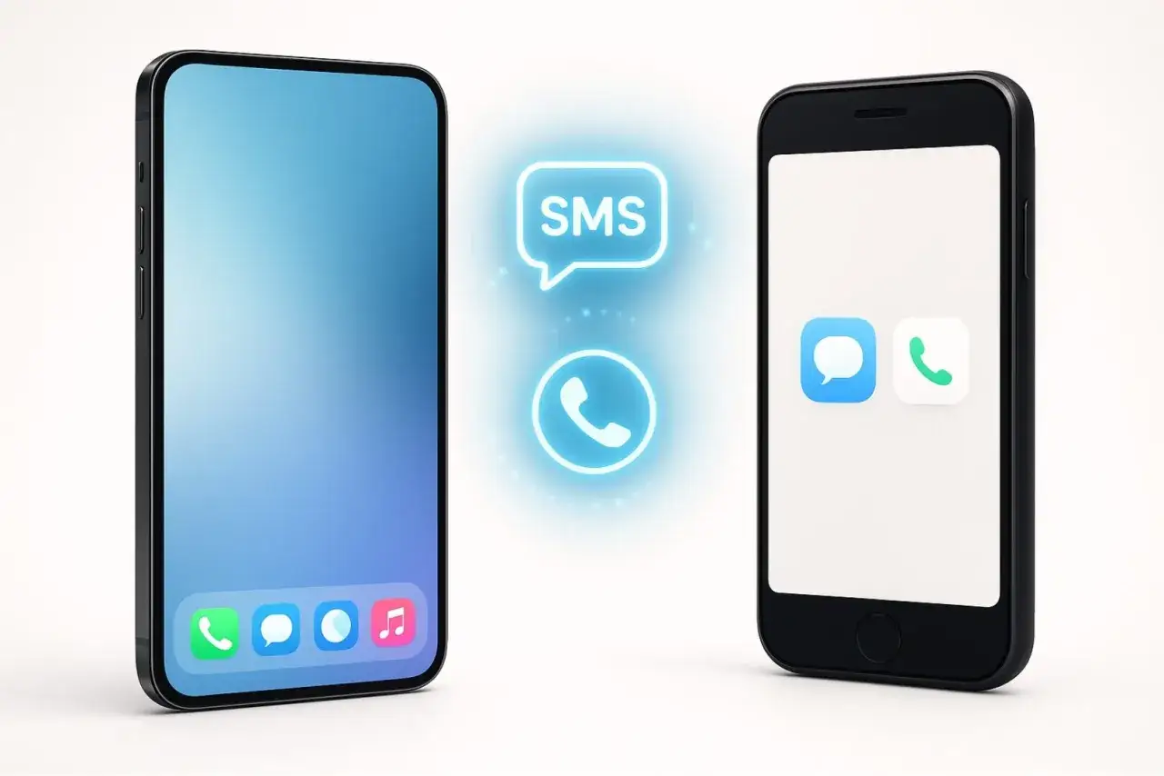 Dwa telefony, jeden z ikonami aplikacji, drugi z ikoną SMS i słuchawką. Ilustracja pokazuje, jak przenieść SMS z telefonu na telefon.