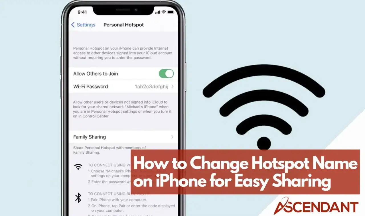 Jak zmienic nazwe hotspot iPhone? Instrukcja pokazuje ekran ustawień iPhone'a z opcją Personal Hotspot.